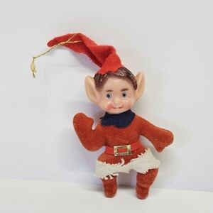VINTAGE Flocked Blow Mold Pixie Christmas Red Elf Ornament
